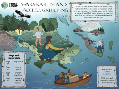 map of the Machias peninsula and surrounding ocean, but the land is filled in with an illustration of people with comfortable outdoor clothes on, and various hairstyles and skin tones who are interacting with berries, trees, an eagle and fish, rocks, rivers and fields. A boat similarly filled with people heads out to the islands from the peninsula.