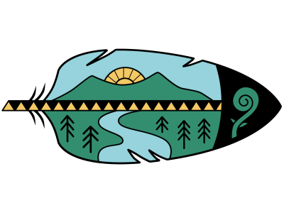 Feather shaped logo outlining mountains, a sun, trees, and fiddleheads