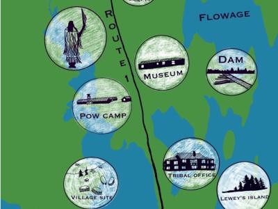 blue and green map of Motahkomikuk, featuring circles with landmarks like the dam, Lewey's Island, and sawmill