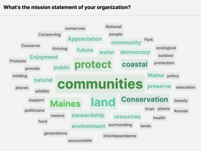 Responses to the question "What's your organization's mission?" show lots of use of the words "communities, land, people, Maine, environment, stewardship, enjoyment, democracy, future, resources" and so on.