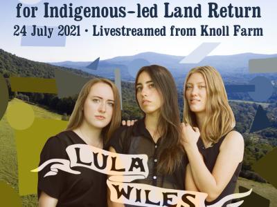 poster showing the three members of the lula wiles band leaning against each other superimposed on a background image of a mountainous river valley collaged with color-blocked shapes and details of when and where the concert was held.