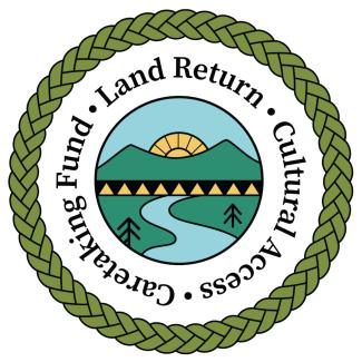 A graphic image encircled by a braid of sweetgrass, containing the Wabanaki Commission's logo and the words Land Return, Cultural Access, and Caretaking Fund