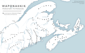 Map depicting Abenaki, Penobscot, Passamaquoddy, Mi'kmaq, and Maliseet homelands in what's now northeast USA, maritime Canada, and Quebec