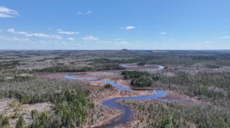 An aerial view of a river winding through a forest, a land return to Mi'kmaq Nation