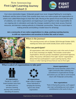 Flyer describes the intention for Learning Journey and process for joining it. Please contact ellie@firstlightmaine.org for a screenreader PDF version of the flyer.
