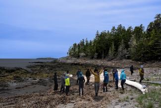 A group of people stand on a rocky beach