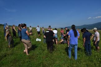 Many people stand in a circle around five people who are planting a tree