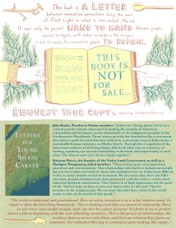 A poster with a drawing of hands holding a book, which says "This book is not for sale." Below the drawing are two reviews of the book.