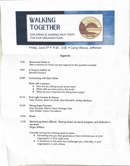 Agenda for the Walking Together event showing the speakers, discussions, and activities planned.