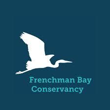 blue background with white heron flying silhouette and org name in teal below