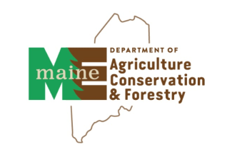 green and brown capital M, capital E on the left, overlaid with state outline and department name to the right. The green M is edged to suggest a pine tree.