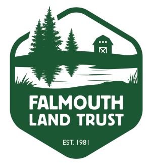 Logo for Falmouth Land Trust, showing green trees, barn, and lake silhouette on a white background