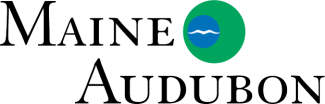 Maine Audubon in text with green and blue circle with white line that could be wave or bird silhouette