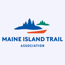Stylized image of 2 islands (blue, green) and 1 boat (red) with organizational name in blue below
