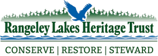 organization name in green, bordered by a forest silhouette above and water below, with a blue eagle landing in the center. Below reads "CONSERVE RESTORE STEWARD"
