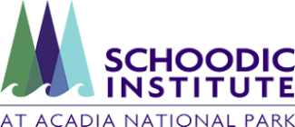 logo depicts green purple blue triangles over ocean waves with "Schoodic Institute at Acadia National Park" in purple