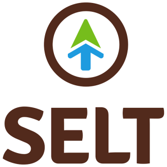 A black circle surrounds a stylized green tree and blue water in the shape of an arrow pointing up. Below the circle, the letters SELT in black.